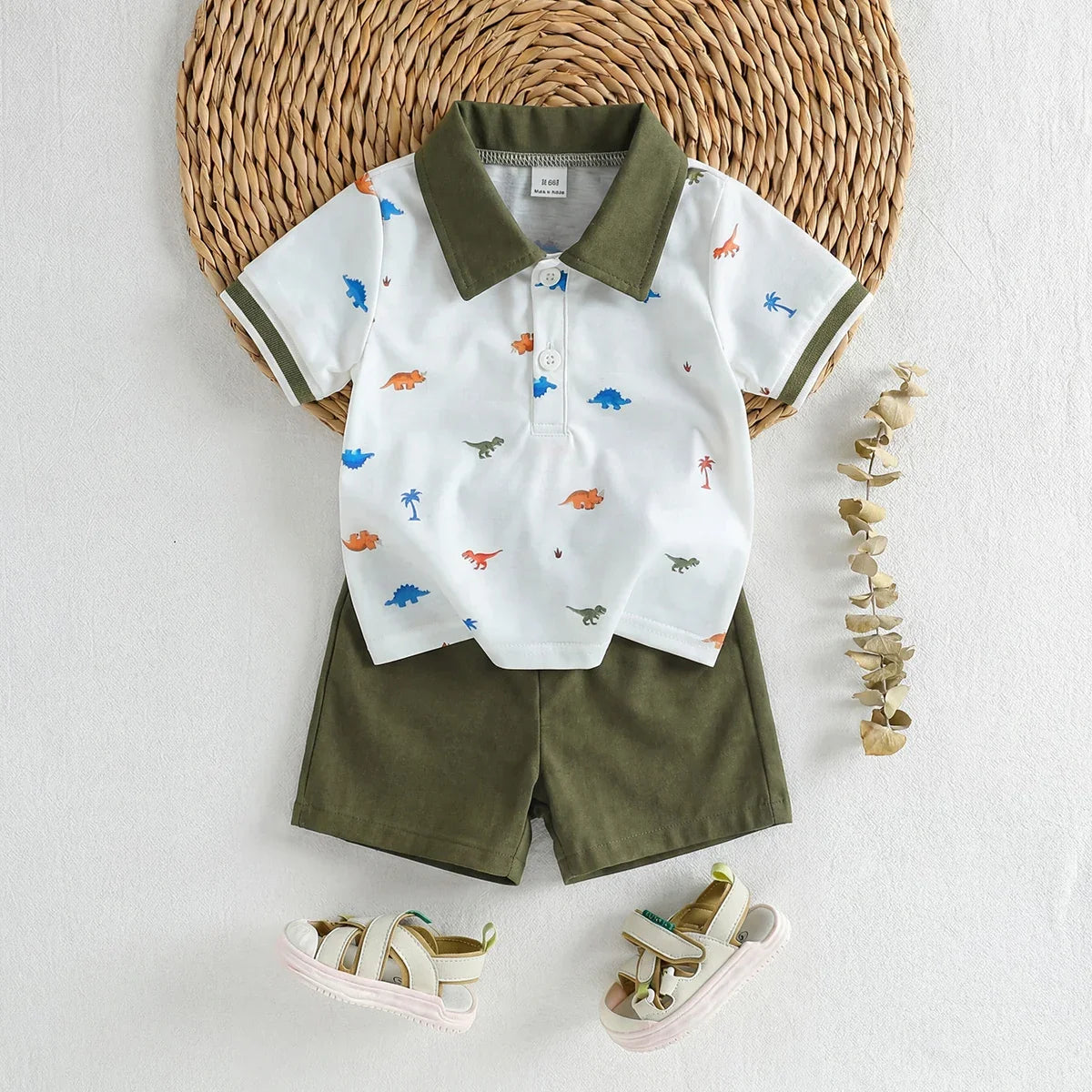 Baby Boy Polo 2‑piece Set, Printed Lapel Short‑sleeve Top with Solid