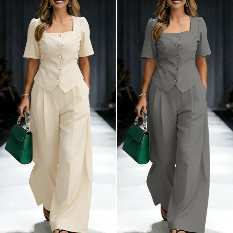 2PCS Women OL Work Outfits Zanzea Summer Square Neck Short Sleeve
