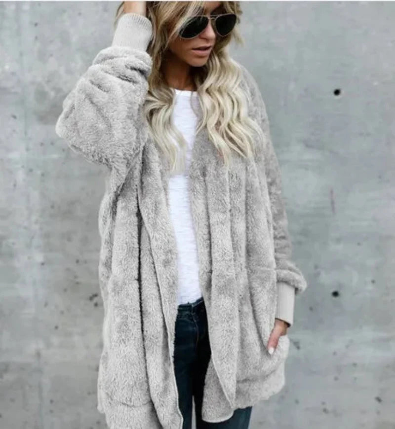 Double Fleece Plush Hooded Cardigan Jacket Women
