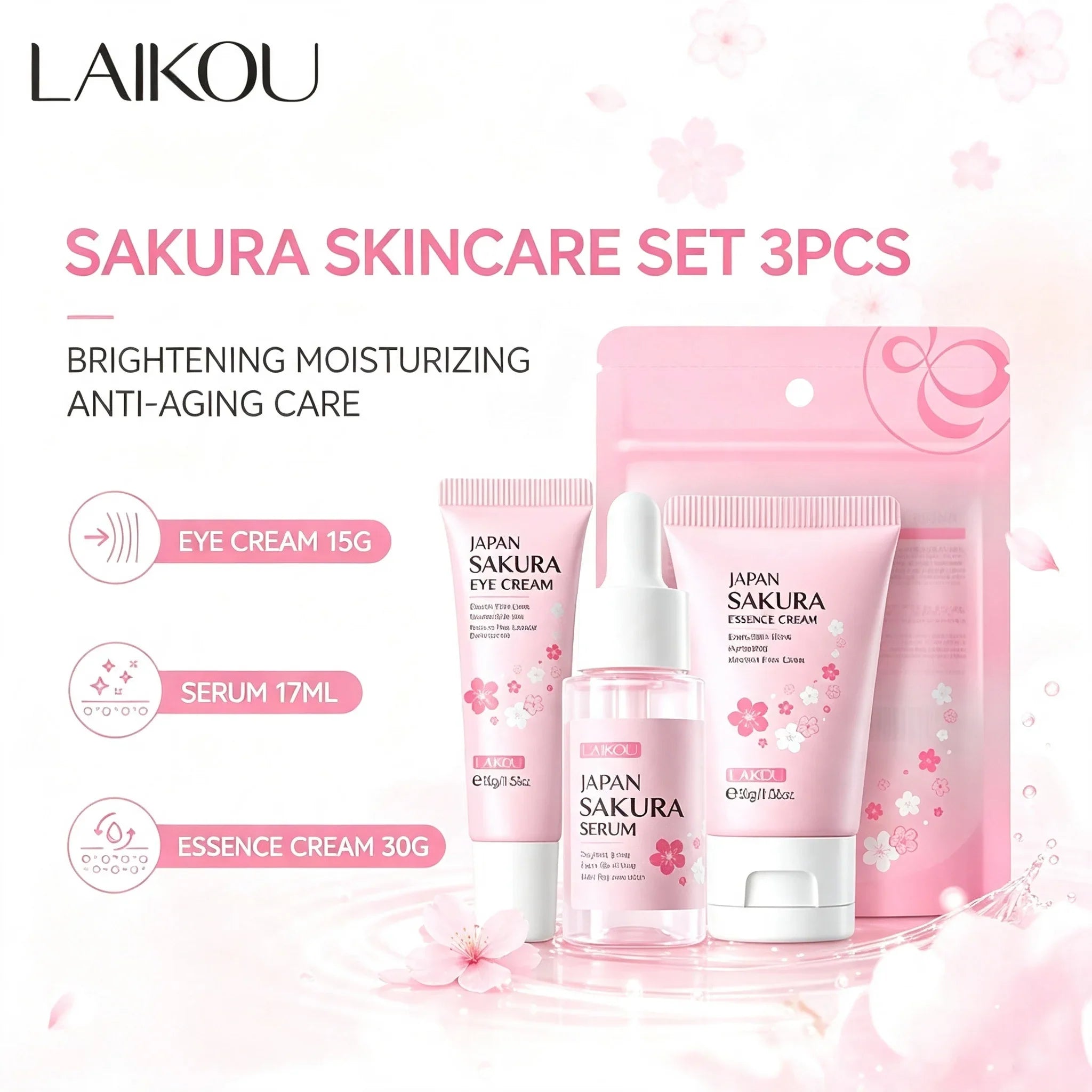 Sakura Skin Care Sets Face Cream Serum Toner Facial Cleanser Sunscreen Eye Cream Gift Box Face Skin Care Set Product 3pcs/Set