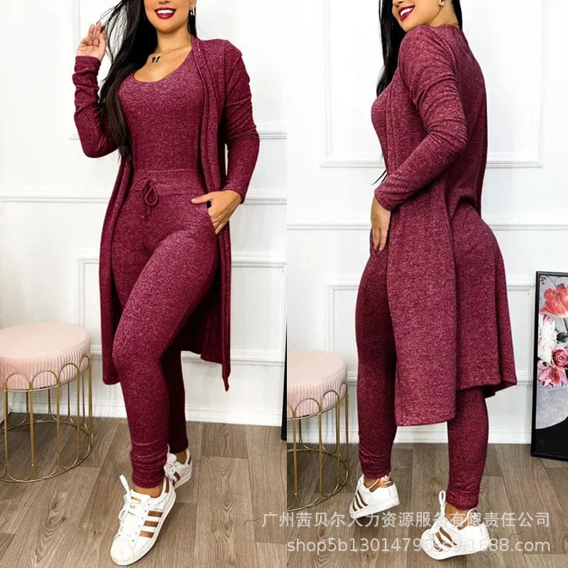 Jumpsuit & Coat Set Autumn Women Drawstring Pocket Pants Sets One