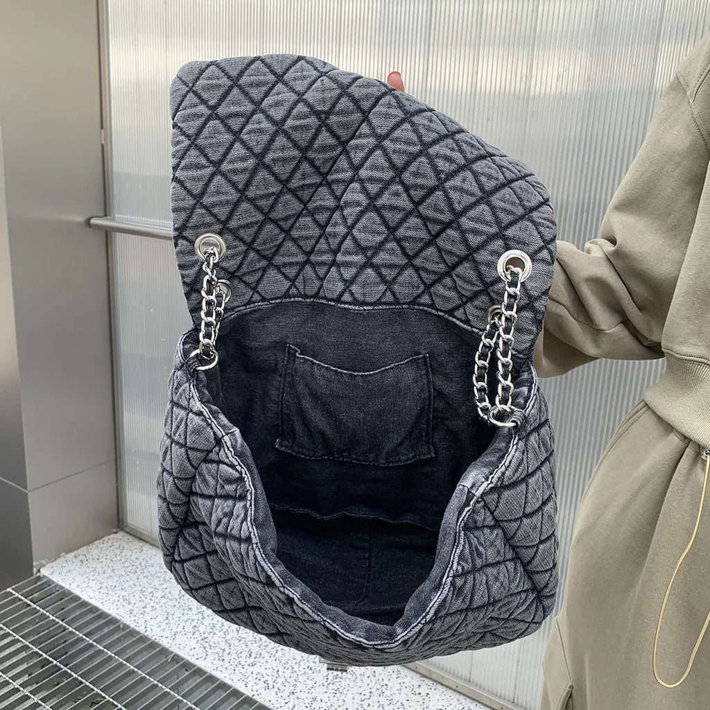 Embroidered lattice wash cloth large capacity leisure shoulder bag rhombus middle chain crossbody bag