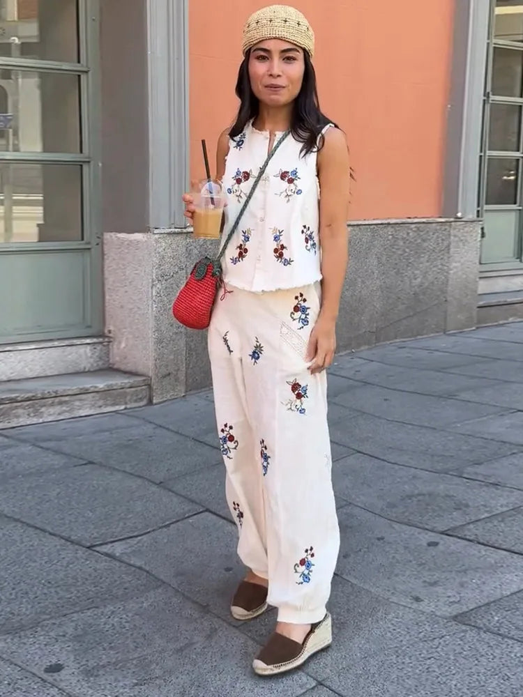 Casual Print Vest Pants Suit Women Loose Sleeveless Single Breasted