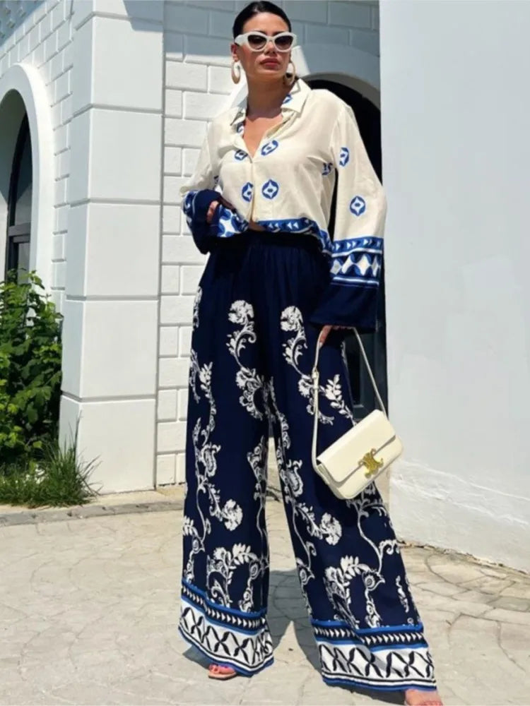 Spring New Printed Pants Sets Women Fashion Casual Loose Long Sleeve