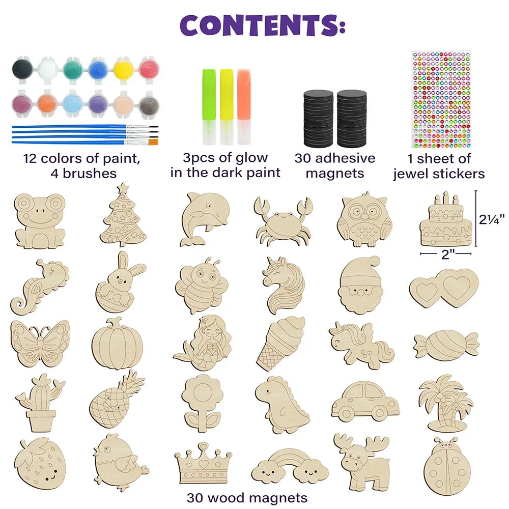 DIY Wooden Magnets Wood Crafts Kit for Kids Glow in The Dark, Arts Supplies Painting Kit, Fun Party Favors for Christmas Gifts