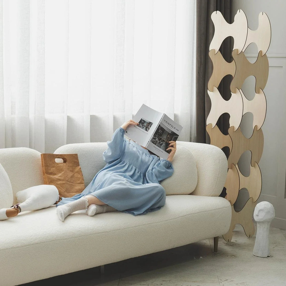Wabi-sabi wind lamb wool three-person sofa combination light luxury small apartment designer creative beauty reception