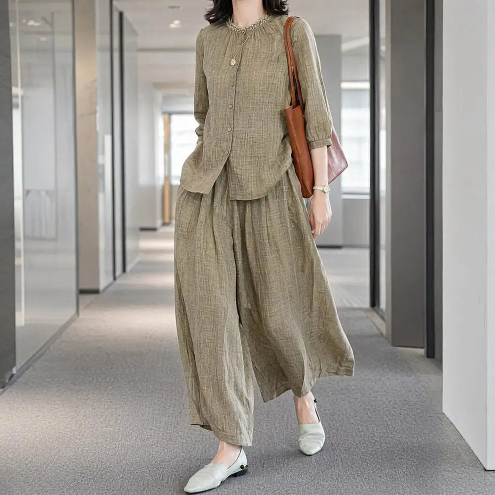 Plus Size Casual Suit Women 2 Piece Cotton Linen Sets, Button Down
