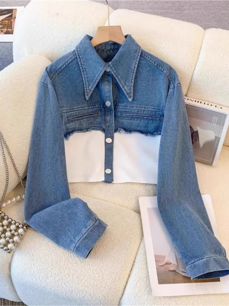Blue Patchwork Pants Sets Women Fashion Long Sleeve Single-Breasted