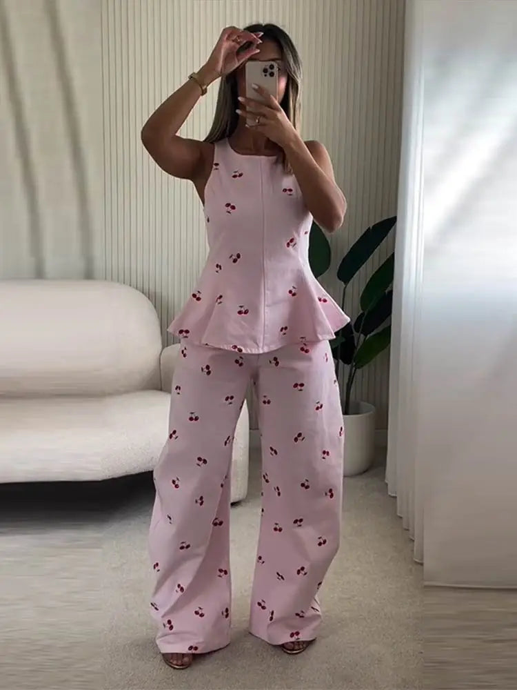 Casual Printed Women's Top Trouser Suits Sleeveless O-Neck Wide Leg