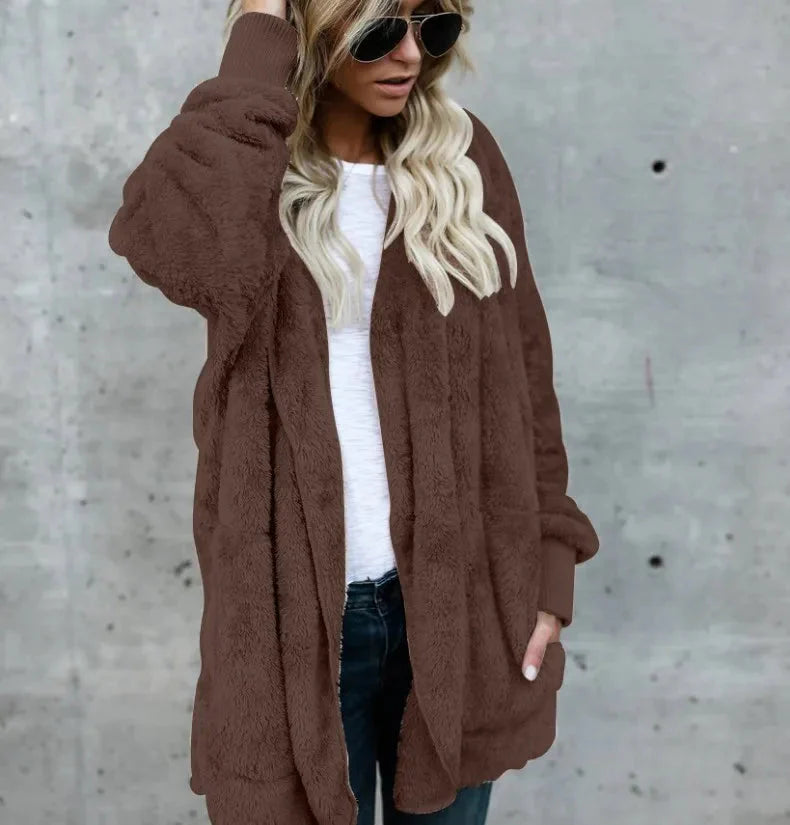 Double Fleece Plush Hooded Cardigan Jacket Women