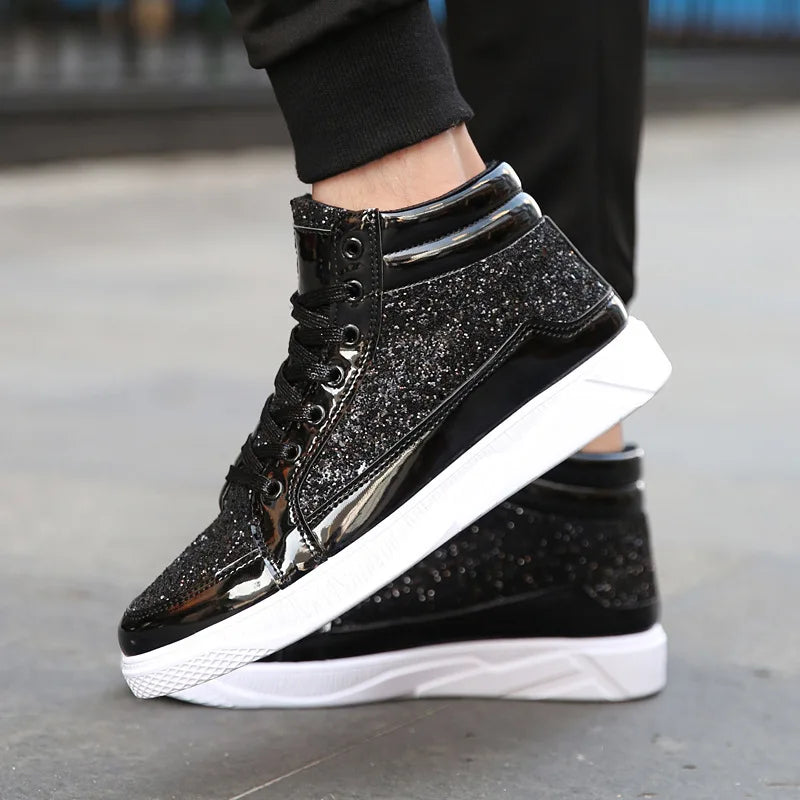 Fashion Men High Top Sneakers Male Ankle Boots Gold Luxury Glitter