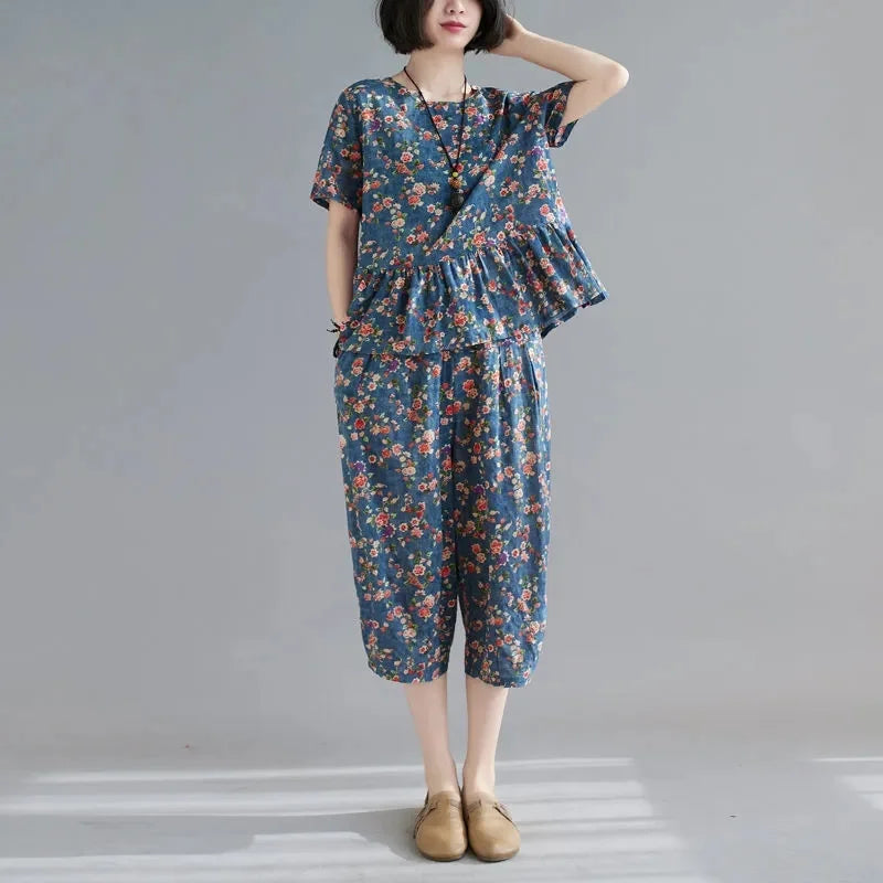 5XL Middle Aged Female Pants Suit Cotton Two Piece Set Women Summer
