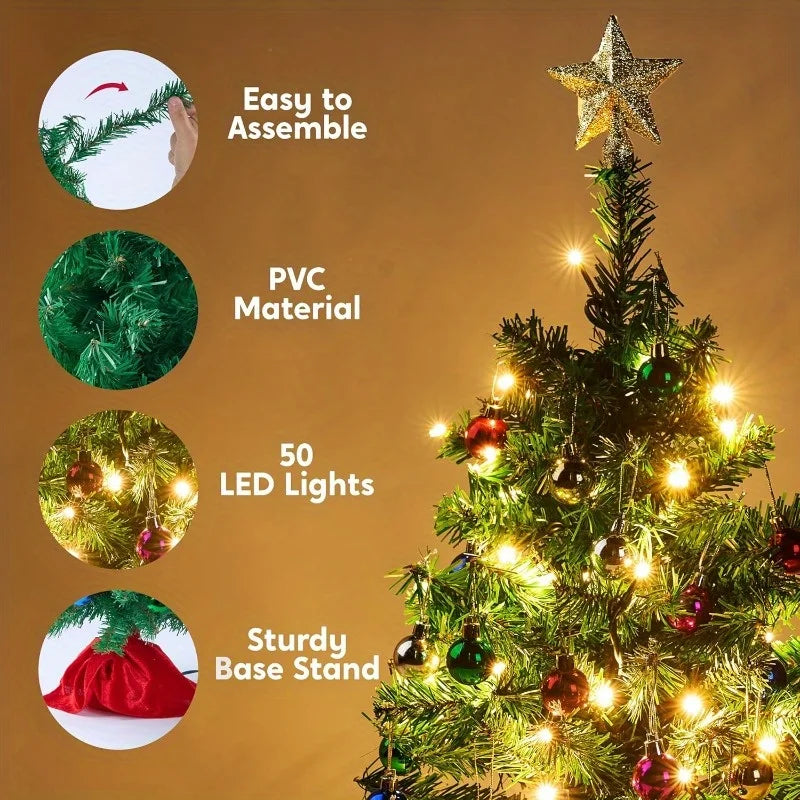 24''/2FT Mini Christmas Tree Tabletop Set with Clear LED Lights Artificial Mini Christmas Tree with Star Treetop and Hanging Ornaments, Best DIY Xmas Decorations (Storage Bag Included)