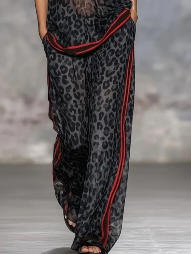 Summer Casual Outfits Female Leopard Print Stripe Contrast Color Two Piece Set for Women Short Sleeve Top & Wide Leg Pants