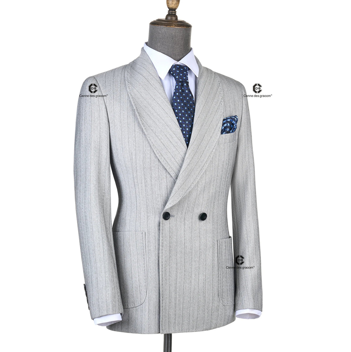 Cenne Des Graoom Light Grey Striped Double-Breasted Men Suits with