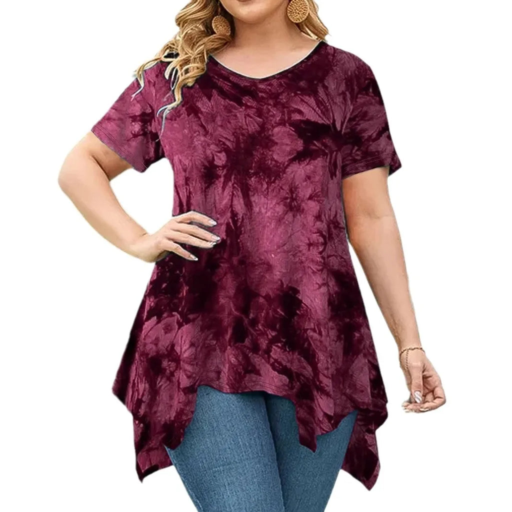 5XL Plus Size Woman Clothing Tie Dye Short Sleeve T-Shirt Casual New V