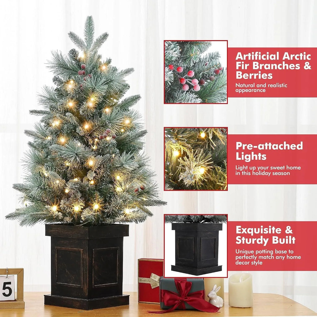 2PCS 3ft Pre-Lit Artificial Christmas Tree with 78 LED Lights, Snow Flocked Mini Xmas Tree with Timer Function, Battery Operated Small Holiday Tree for Home Office Tabletop Decor