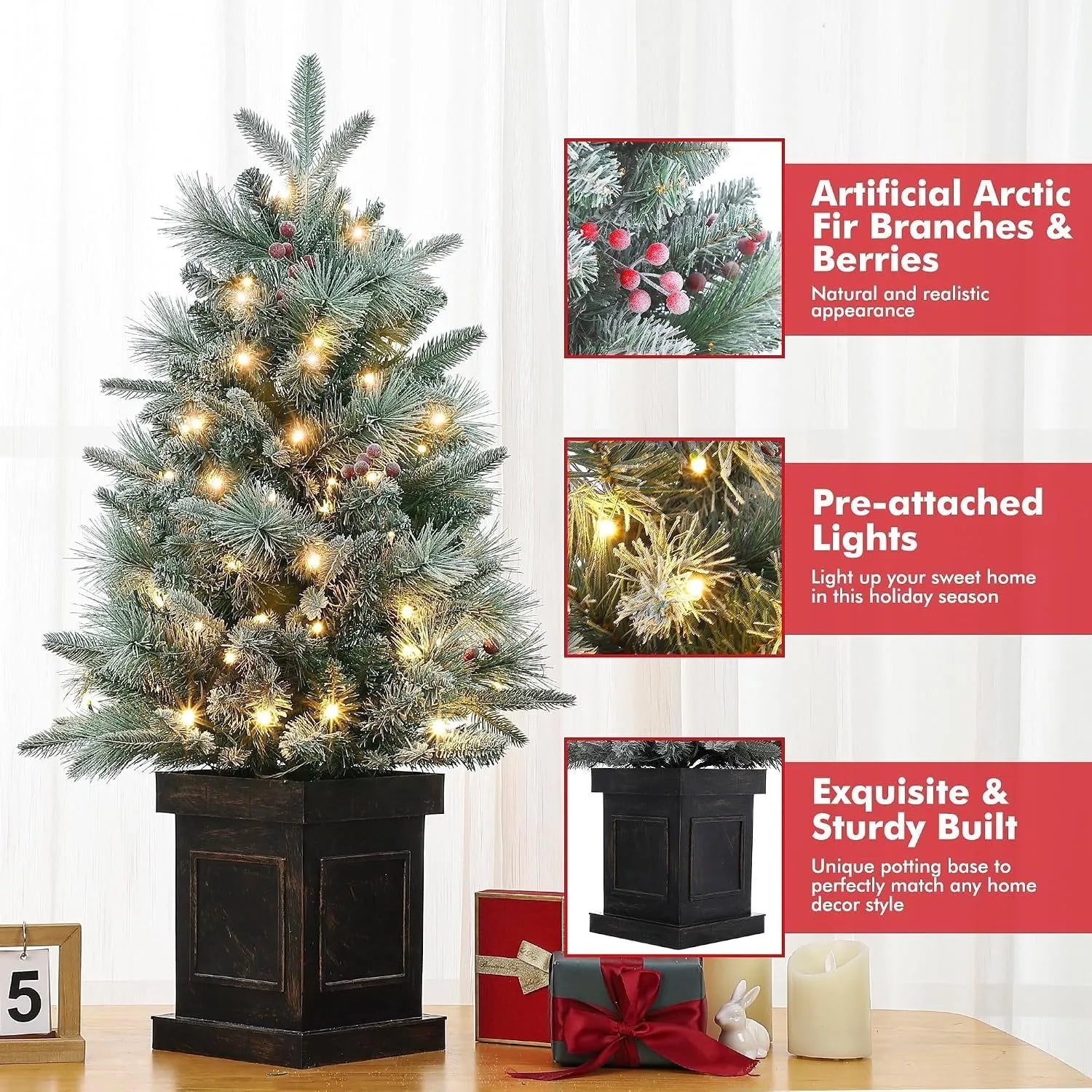 2PCS 3ft Pre-Lit Artificial Christmas Tree with 78 LED Lights, Snow Flocked Mini Xmas Tree with Timer Function, Battery Operated Small Holiday Tree for Home Office Tabletop Decor