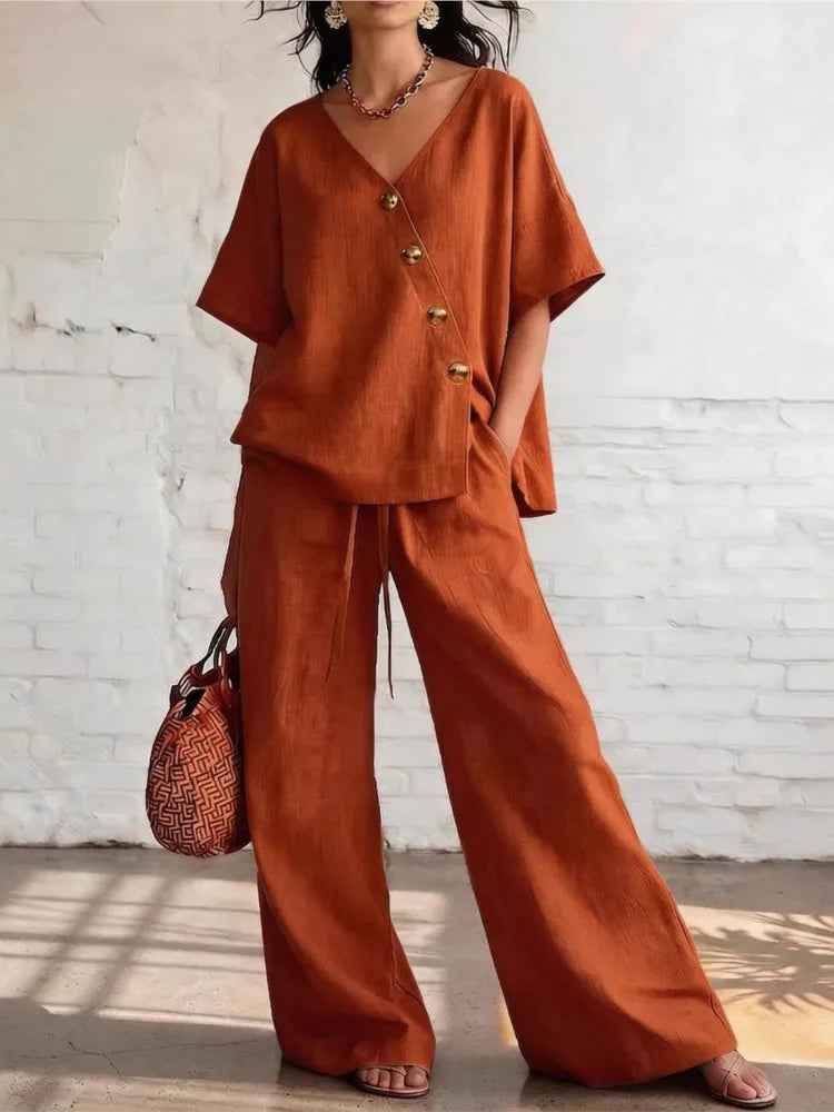 Casual Loose Pants Sets Women Summer Fashion Short Sleeve V-Neck Tops
