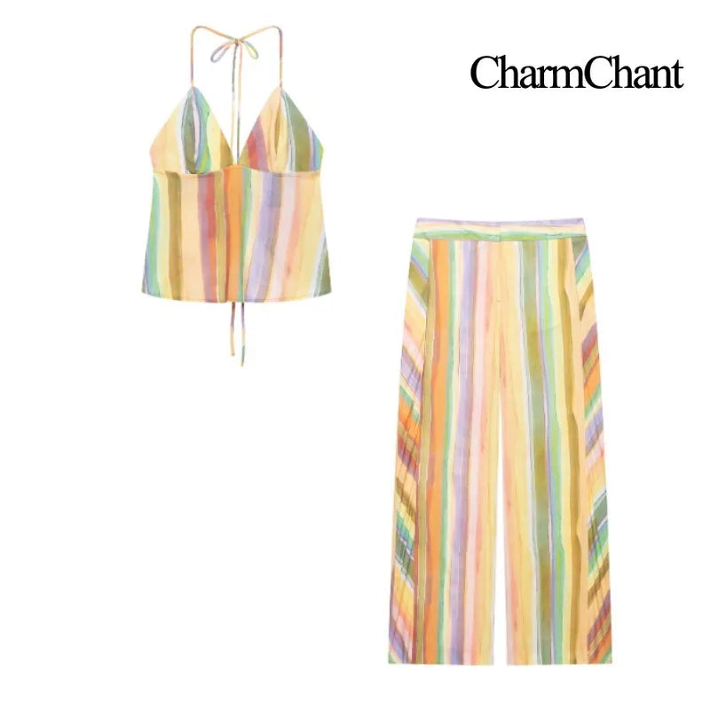 Charmchant Women's Colorful Stripe Two Piece Outfit Halter Backless