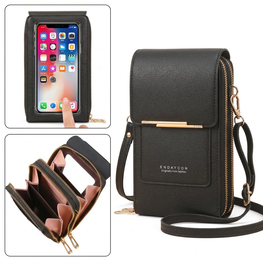 RFID Blocking Touch Screen Cell Phone Bag Women Mini PU Leather Lightweight Card Holder Crossbody Shoulder Bag Adjustable Strap