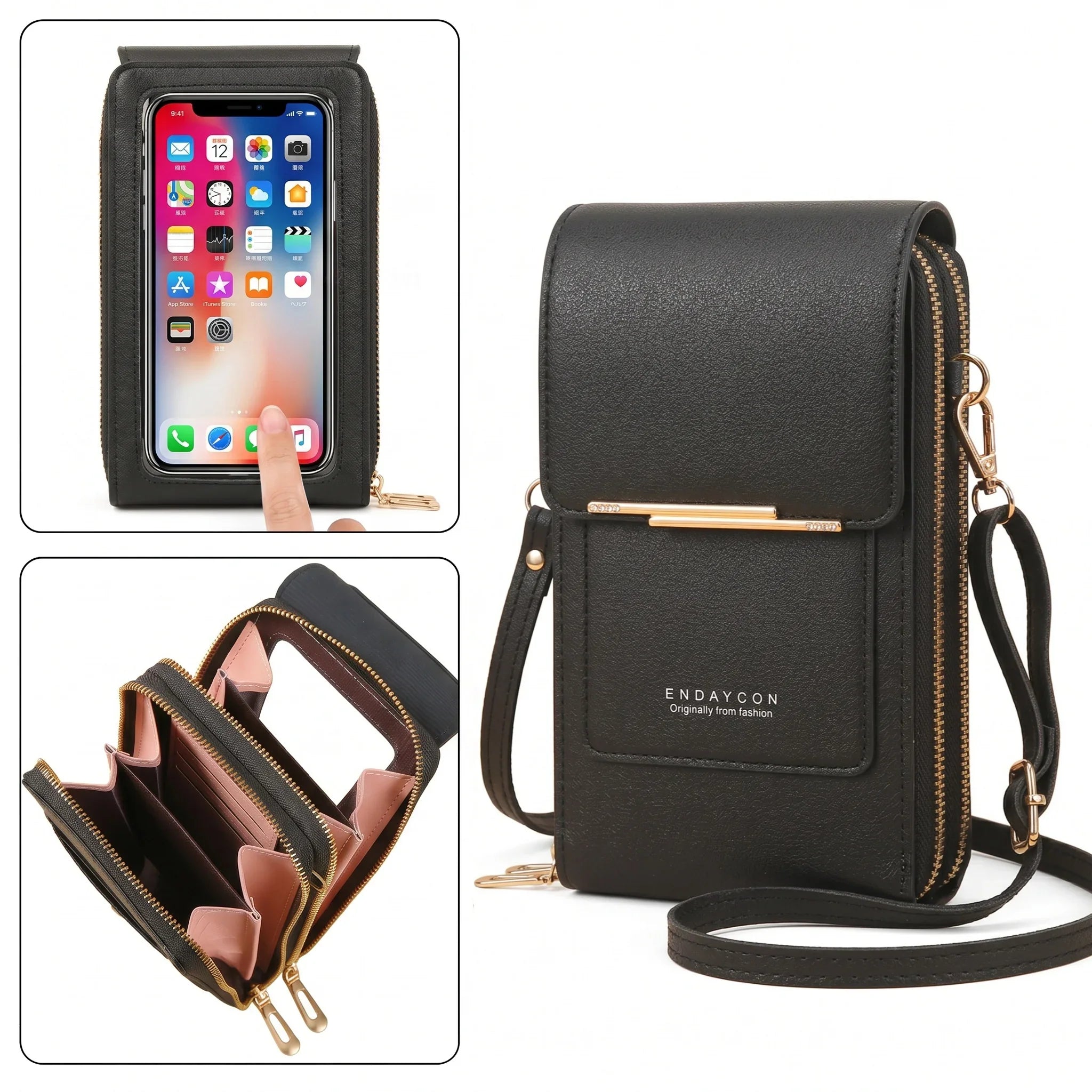 RFID Blocking Touch Screen Cell Phone Bag Women Mini PU Leather Lightweight Card Holder Crossbody Shoulder Bag Adjustable Strap