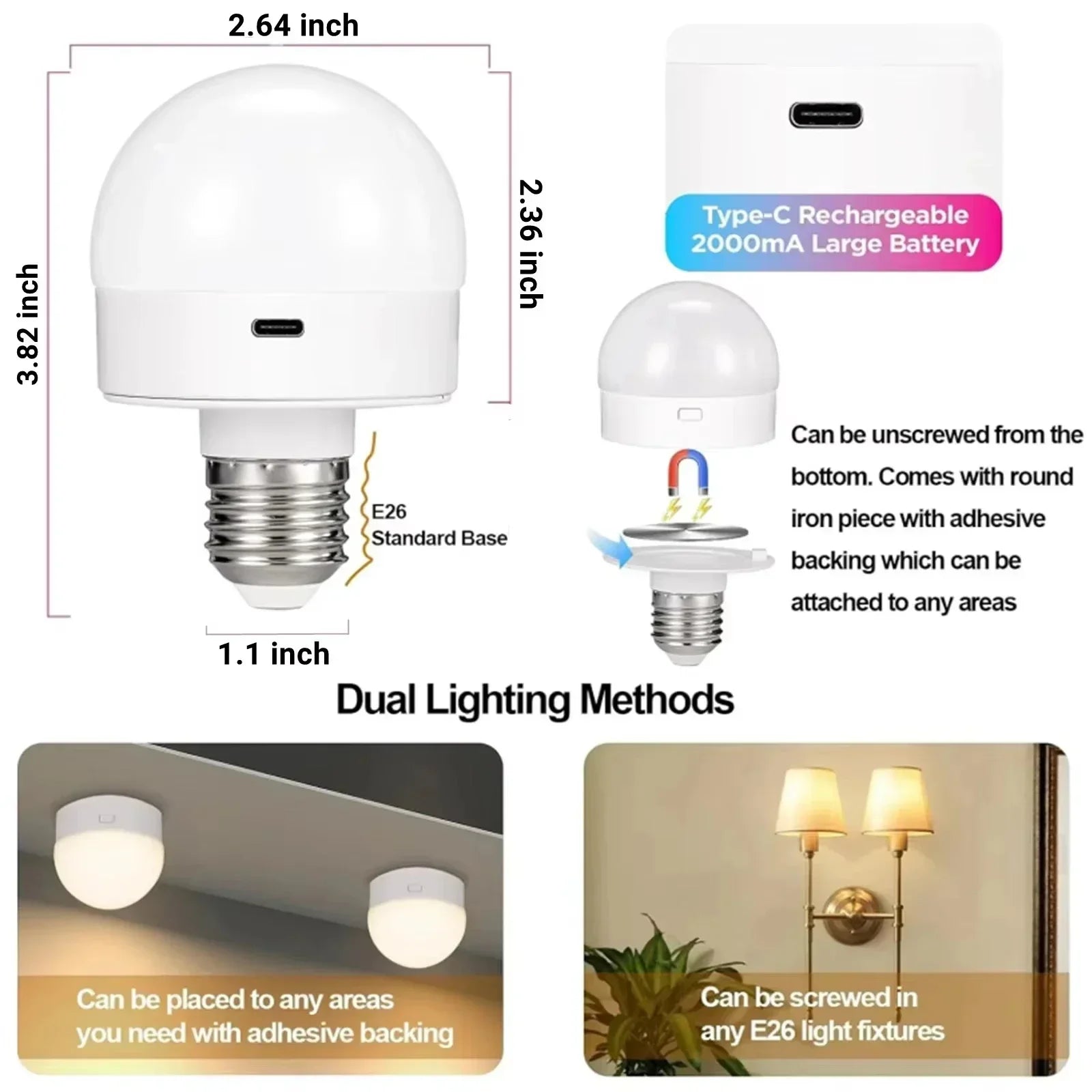 GGbingo Rechargeable LED Smart Bulb E27 USB Control Color Temperature 15 Brightness Levels RGB Timer Function with Remote
