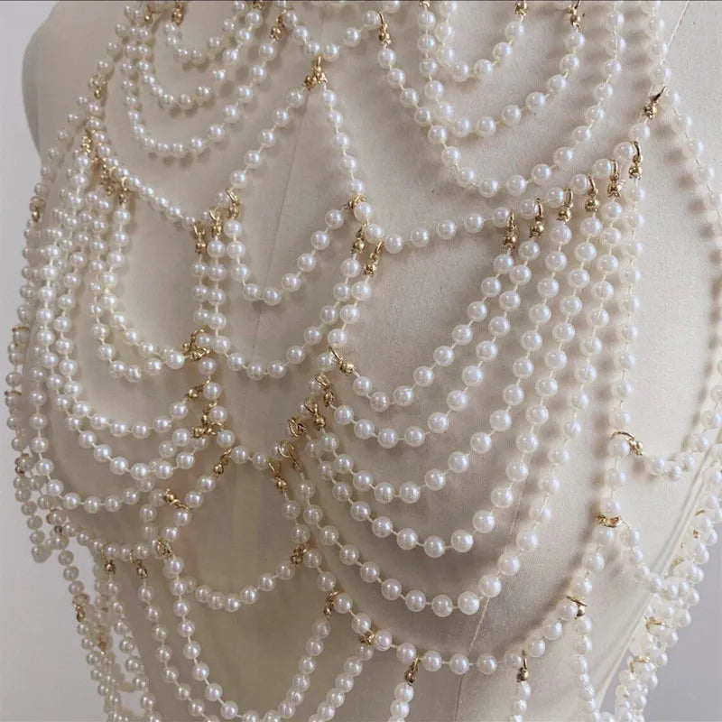 Sexy Accessories Women Bikini Pearl Chest chain Body Chain Jewelry Totally Hand-made Bra Fringed For Beach Nightclub Waist Chain