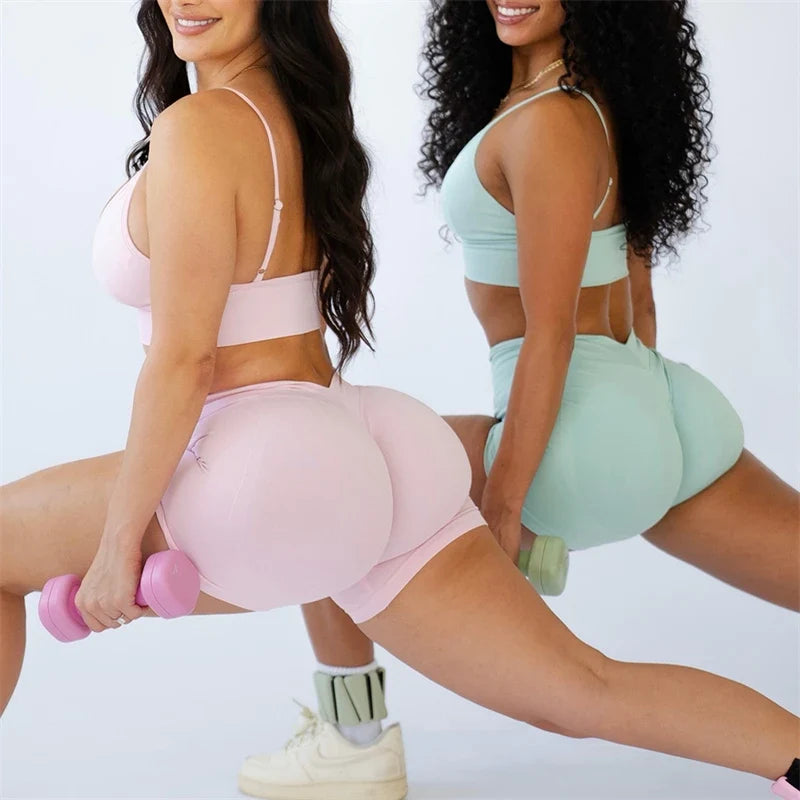 Bum 2PCS Seamless Yoga Set Women Blossom Bra + V-Back Shorts Gym