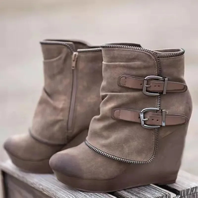 Women's Fashion Ankle Boots Suede Wedge Zipper Solid Color Short Boots Round Toe Shoes Women's Suspender Shoes 2025 NEW