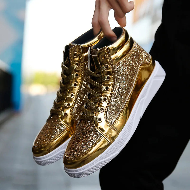 Fashion Men High Top Sneakers Male Ankle Boots Gold Luxury Glitter
