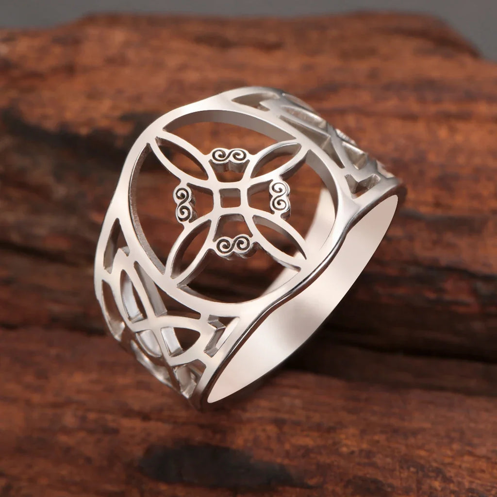 LIKGREAT Witch Knot Ring for Women Men Hollow Stainless Steel Finger Rings Celtic Vintage Amulet Protection Couple Jewelry Gifts