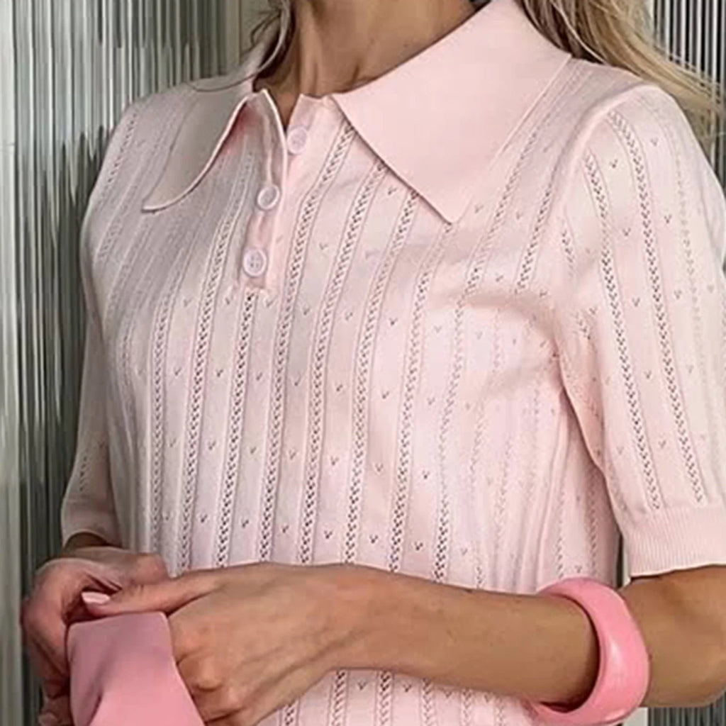Elegant Women's Summer Hollow Out Knit Tops Short Sleeve Turn Down Collar Solid Color Cutout T-shirt
