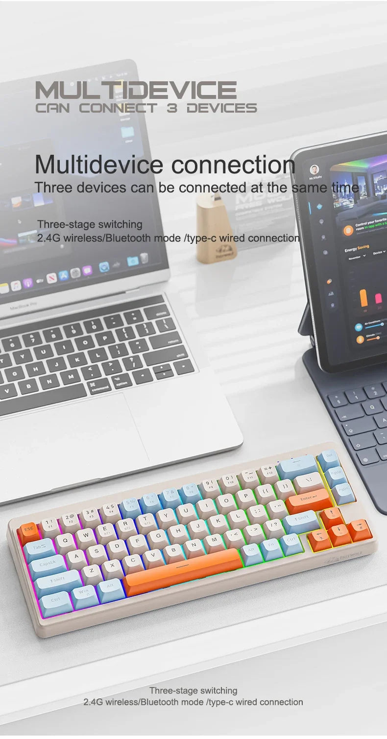 FREEWOLF M68™ Wireless Mini Keyboard & A3 Silent Mouse Set – Tri-Mode Wired/BT/2.4G, 68 Keys, PBT Keycaps, Rainbow Backlit, 2000mAh, 4000 DPI, Type-C, Cheese, Blueberry & Glimmer | FlipStylez LLC®