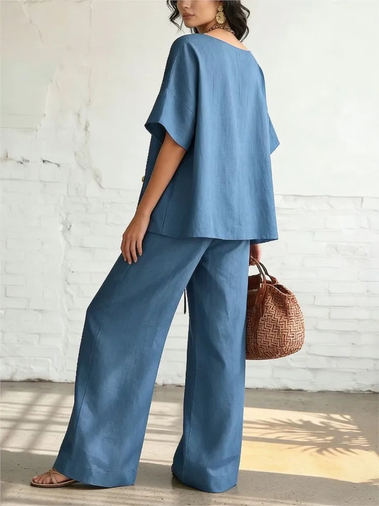 Casual Loose Pants Sets Women Summer Fashion Short Sleeve V-Neck Tops