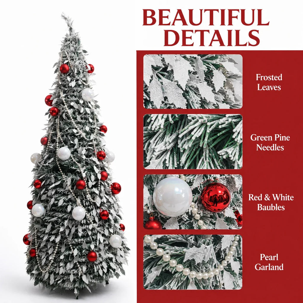 Flocked PVC Christmas Tree 1.5/1.8/2.1M Pre‑Attached Baubles, Foldable Xmas Tree with USB String Lights for Home Holiday Decor