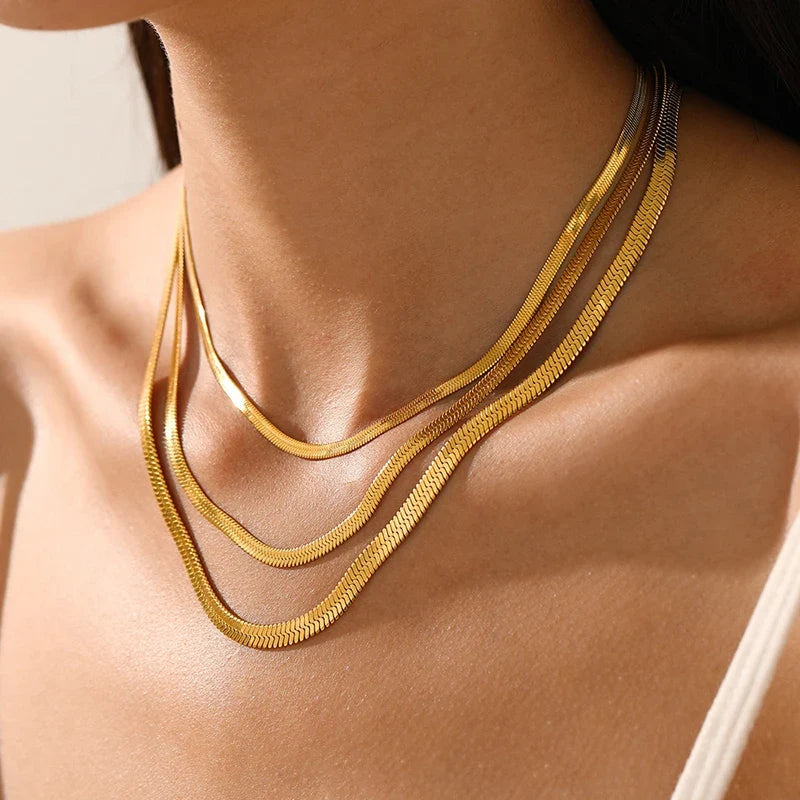 Hot Classic Unisex Flat Snake Chain Choker Necklace For Women Stainless Steel Herringbone Gold Silver Color Fashion Jewelry Gift