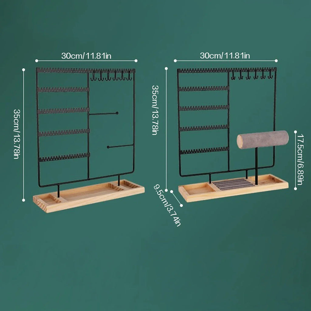 Metal Jewelry Organizer Stand with Wooden Tray - Multi-Functional Storage for Earrings, Necklaces, Bracelets & Rings