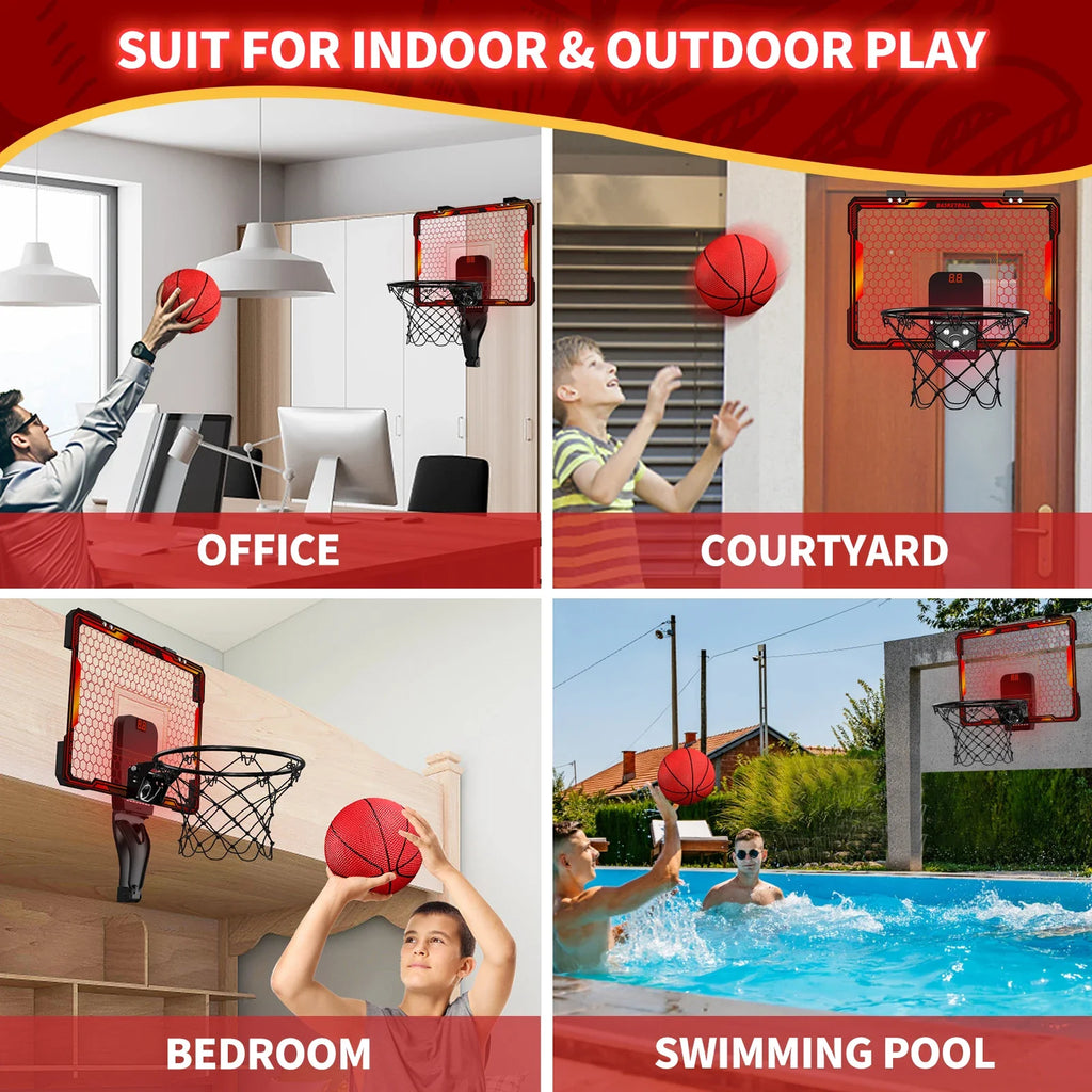 Mini Indoor Basketball Hoop with 7 LED Lights Scoreboard 3 Play Modes Adjustable Volume over Door Foldable for Kids Adults