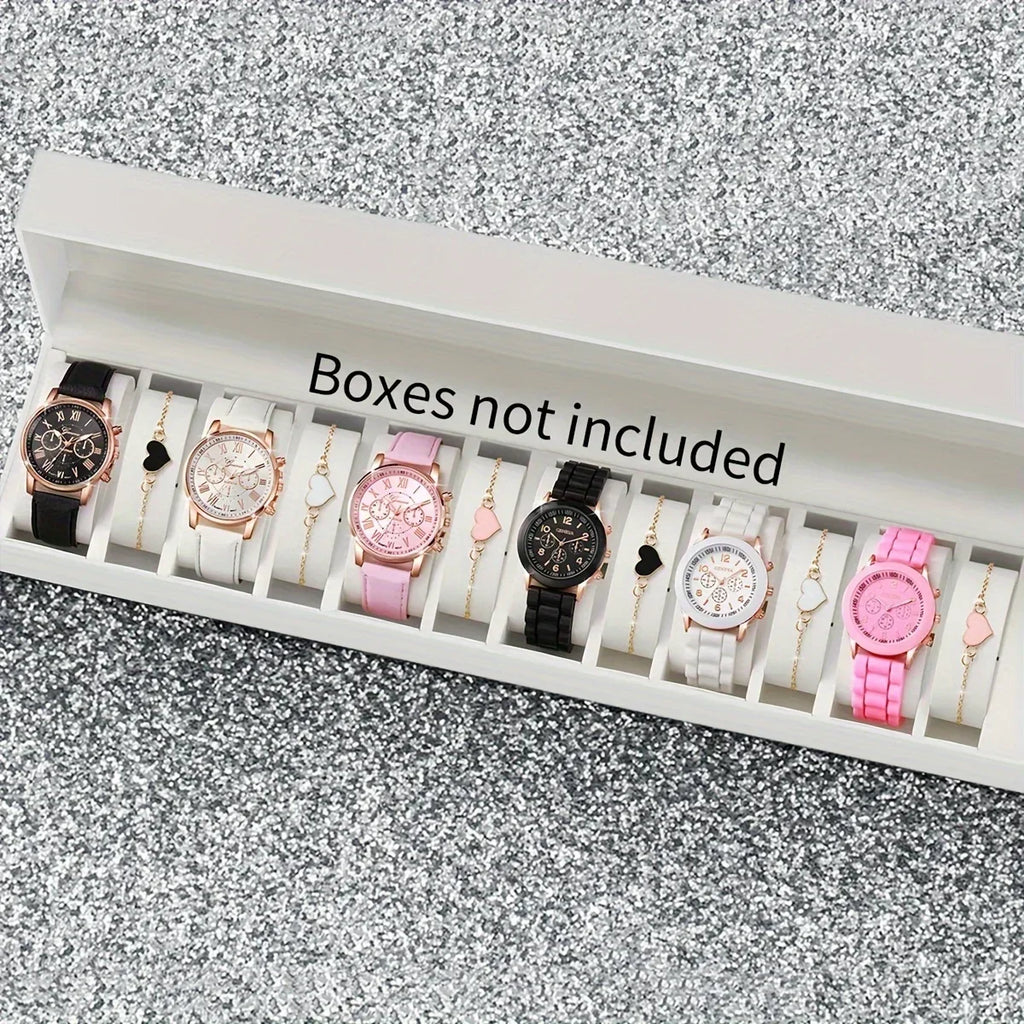 Ladies' Fashion Quartz Watch Set with Roman numerals and heart-shaped pendant bracelet,12pcs - Alloy case,