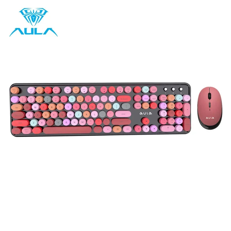AULA AC306™ Wireless Retro Round Keycap Keyboard & Mouse Set – Silent 2.4G, Pink & Coffee | FlipStylez LLC®