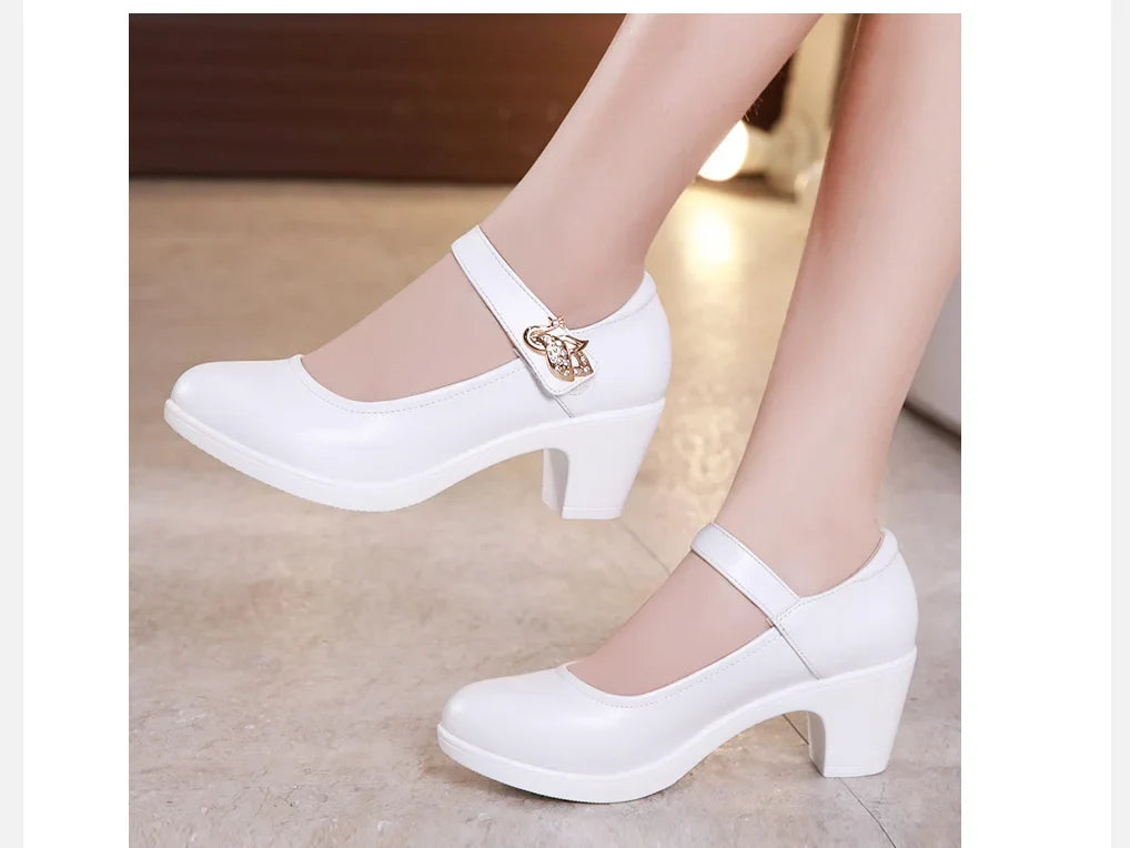 Fashion Soft Leather Silver Red Wedding Shoes Women Mid heel Black Heels Platform Pumps Women for Office high heels Shoes Large