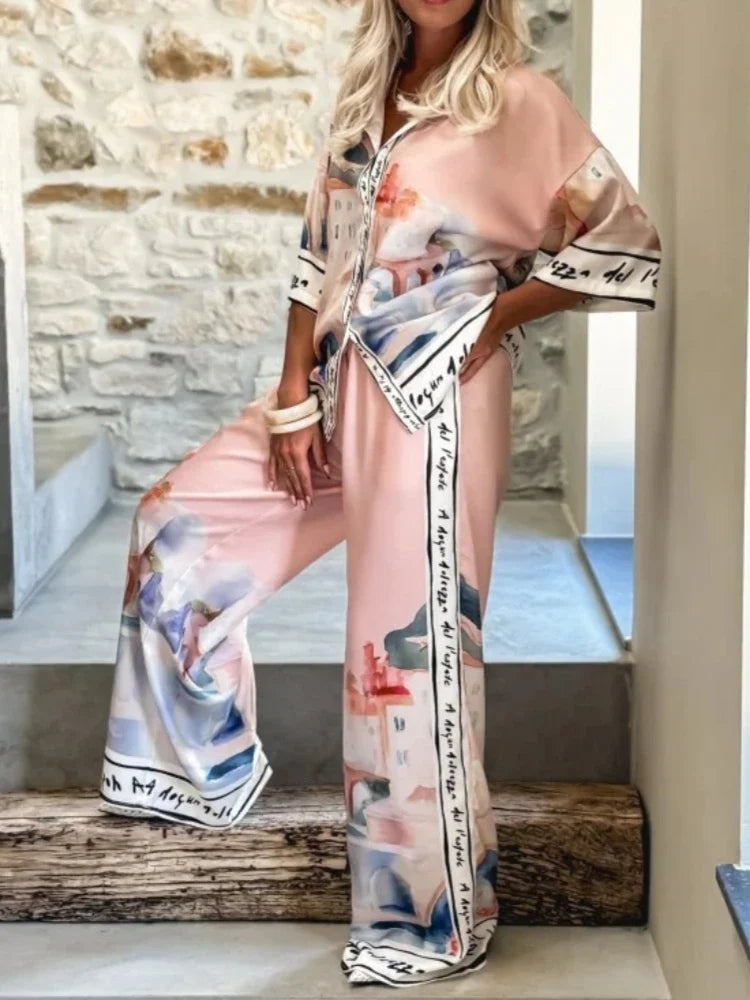 2 Pieces Set for Woman Summer New Elegant Printed Half Sleeves Shirt