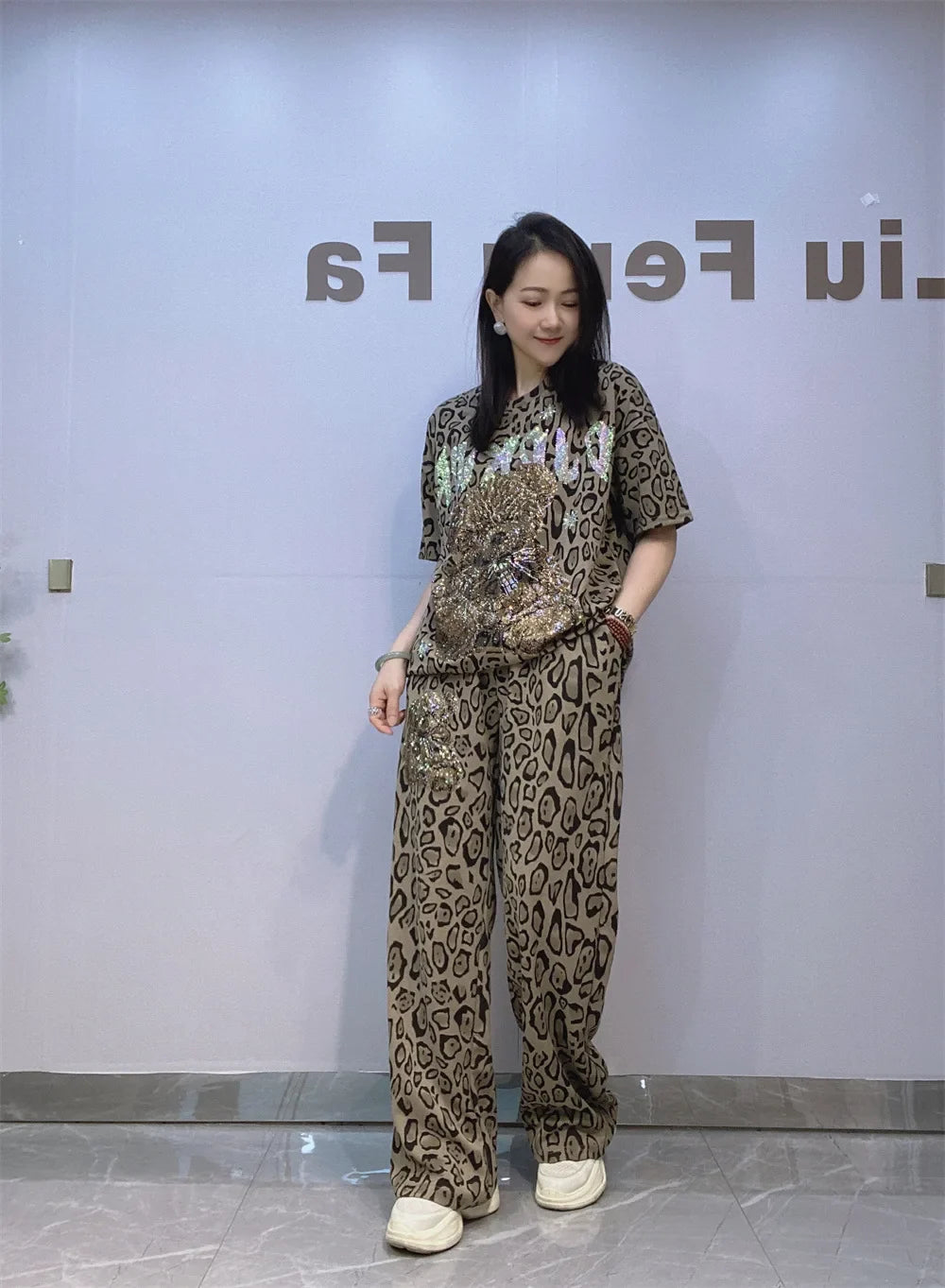 Cartoon Bear Leopard Print Wide Leg Pant 2 Pieces Sets Woman Outfits