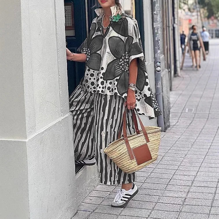 2 Piece Sets Women Summer Print Loungewear Long Pants Sets Vintage