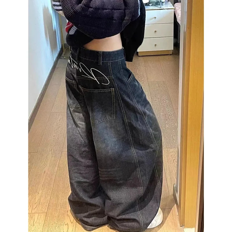 Black Womens Jeans High Waist Vintage Design Hip Hop Straight Baggy