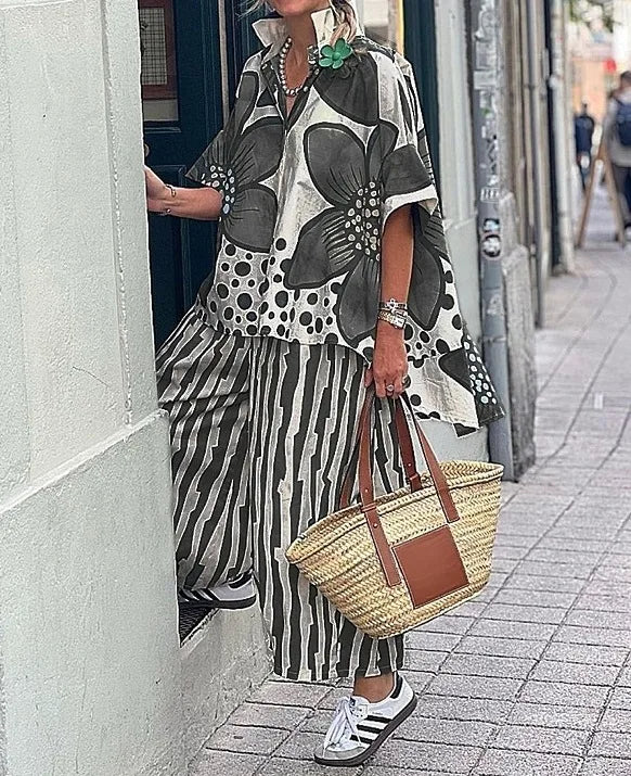 2 Piece Sets Women Summer Print Loungewear Long Pants Sets Vintage