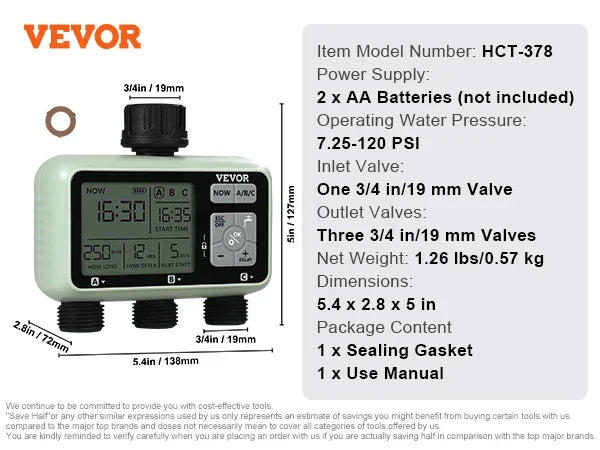 SucceBuy Water Timer 3 Outlets Hose 3 Independent Watering Zone LCD Display Rain Delay Mode Manual Mode Watering Sprinkler Timer