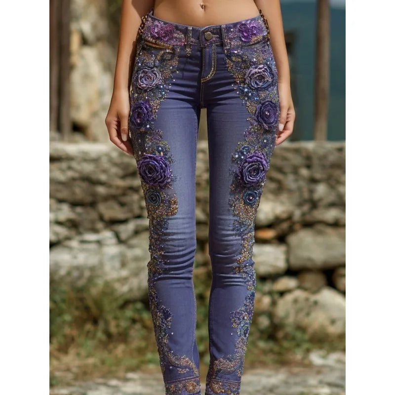 Floral Print Straight Leg Jeans for Women Fashion Denim Pants European