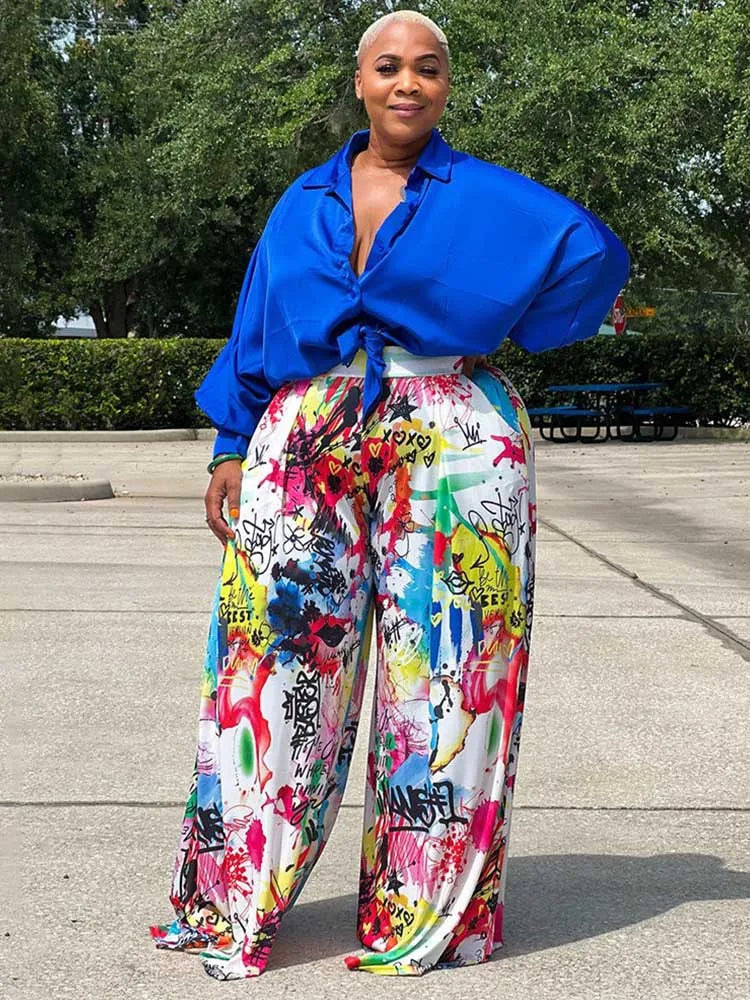 2piece Woman Outfit Streetwear Blue Silk Blouses Women Plus Size